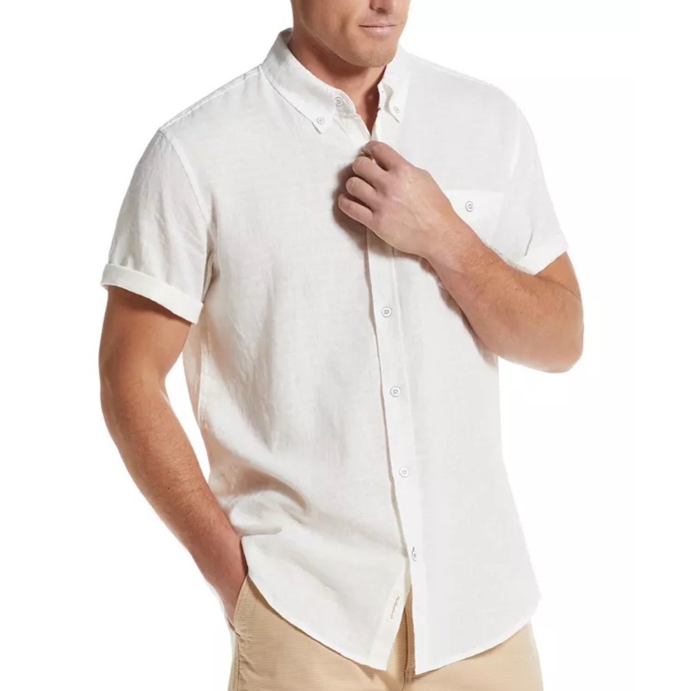 NWT Weatherproof Vintage Mens Washable Linen Short Sl Button Down Shirt White L